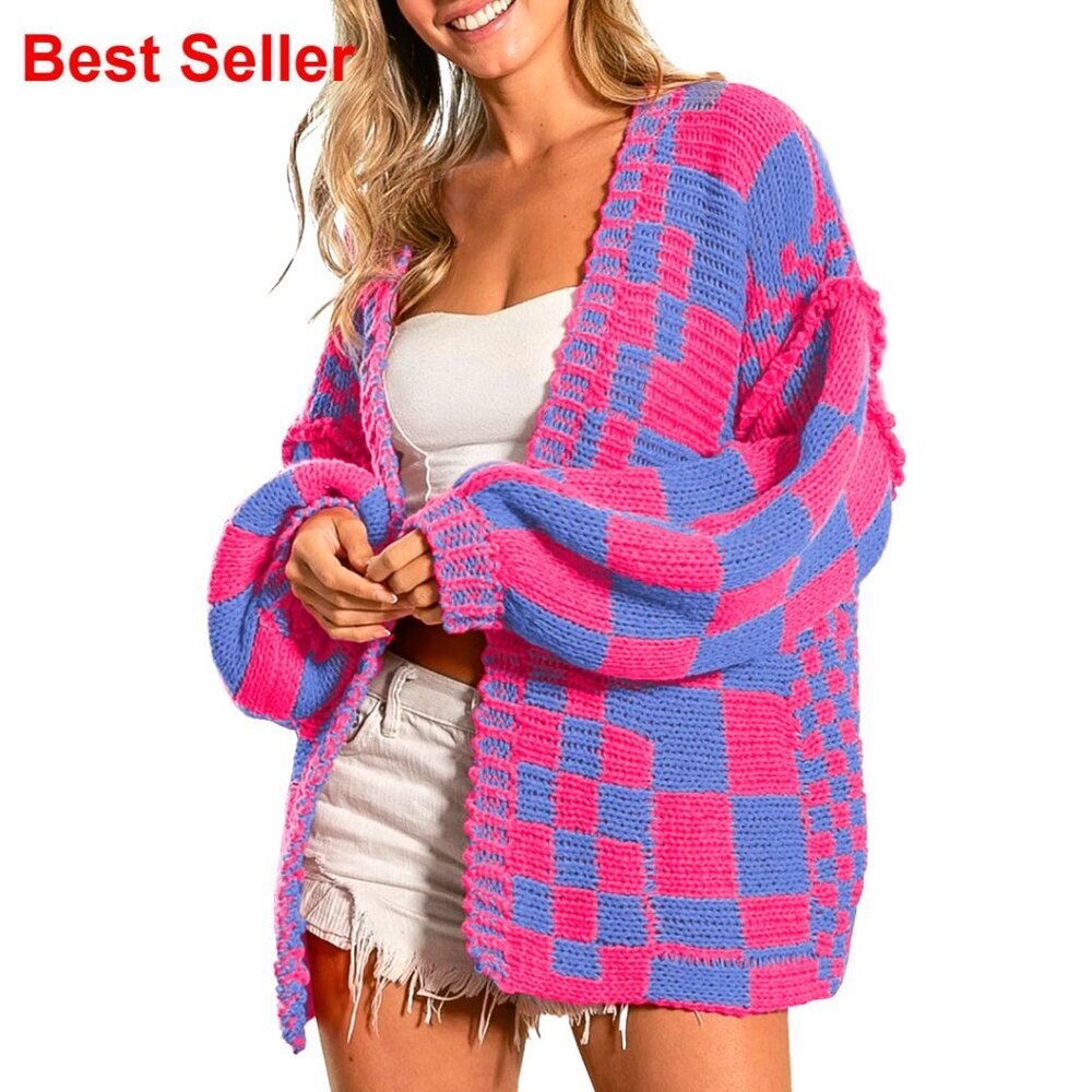 Chunky Knit Cardigan Sweater Open Front Plaid Checkered Pattern Long Sleeve